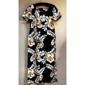 Hoku Women's Maxi Dress Square Neck Short Sleeve Cotton Floral Black Size Large